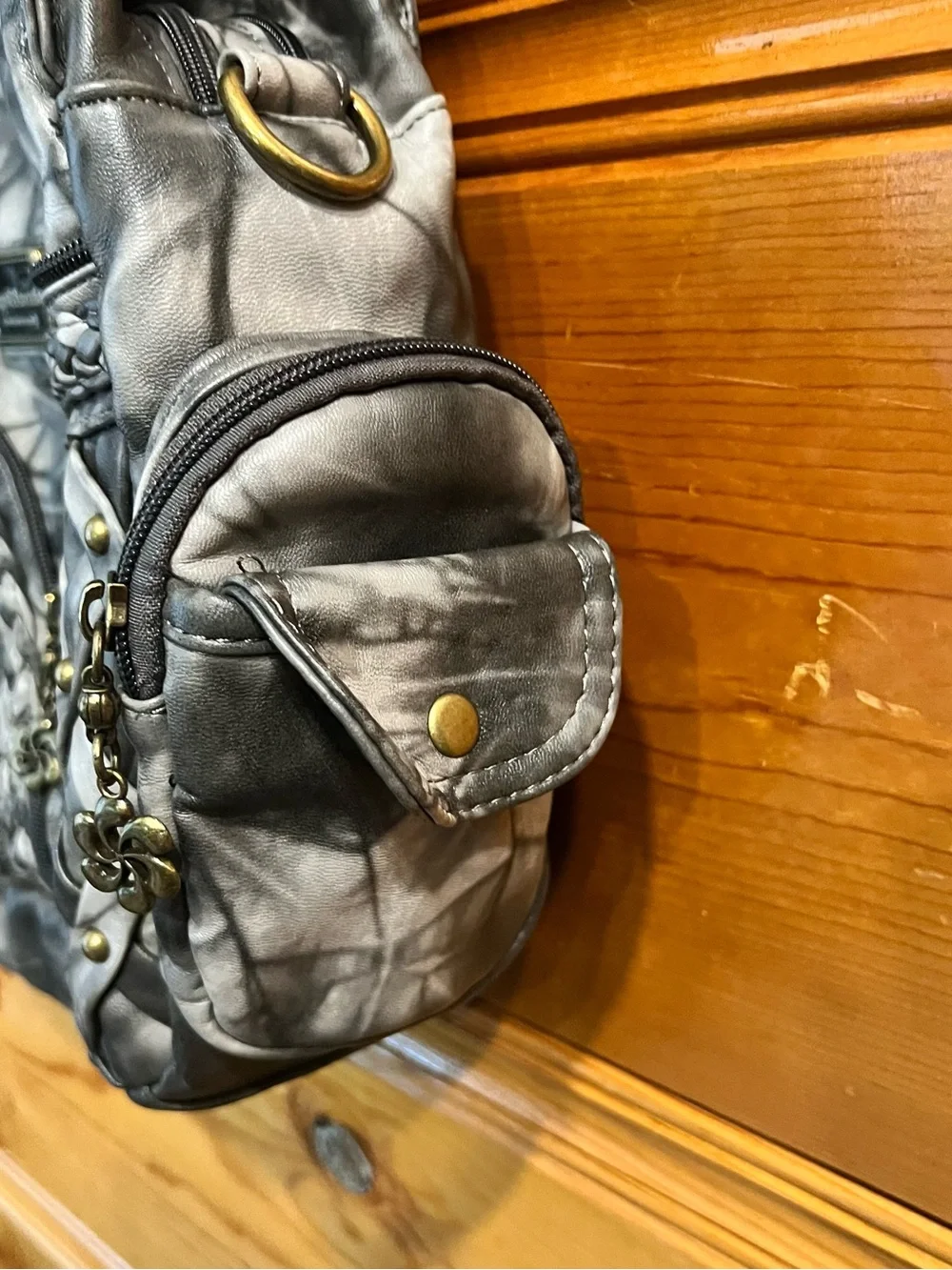 NWT Angel Barcelo Tie-Dye Hobo Shoulder Bag Gray Black Multi Pocket Woven Boho